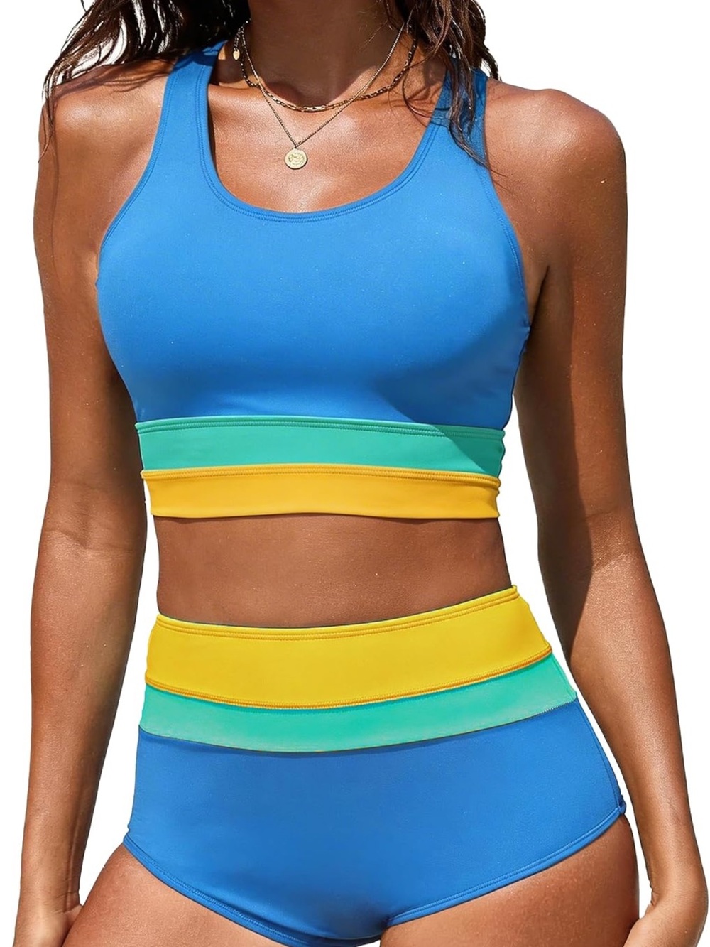 Dipinon Blue Colorblock High-Waist Bikini Set - Sporty Tank Swim Top & Bottom